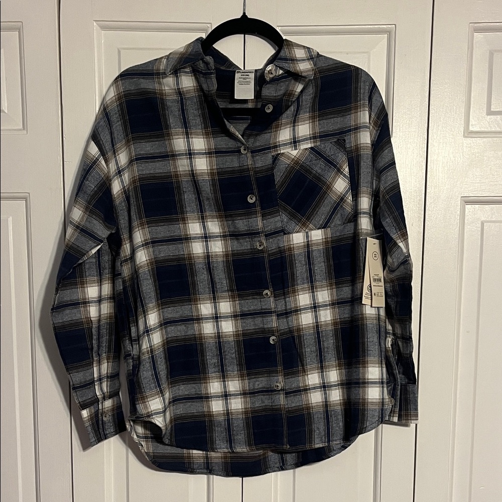 No Boundaries Navy, Brown and White Women’s Plaid Button Down Shirt